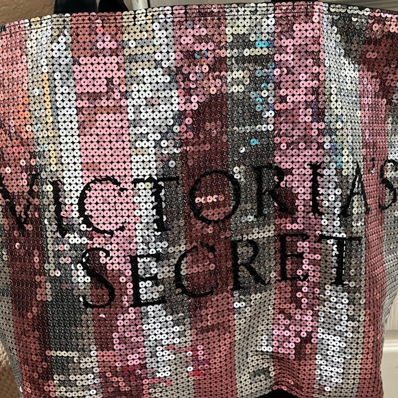 Victoria’s Secret sequin bag tote pink silver black stripe zip closure - Picture 1 of 5